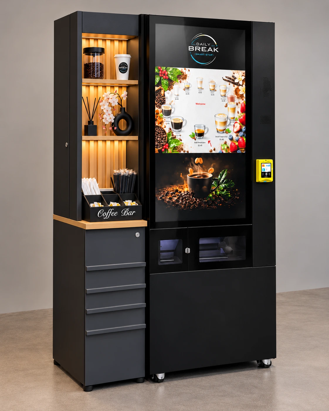 Angled view of the Daily Break coffee kiosk and illuminated side station