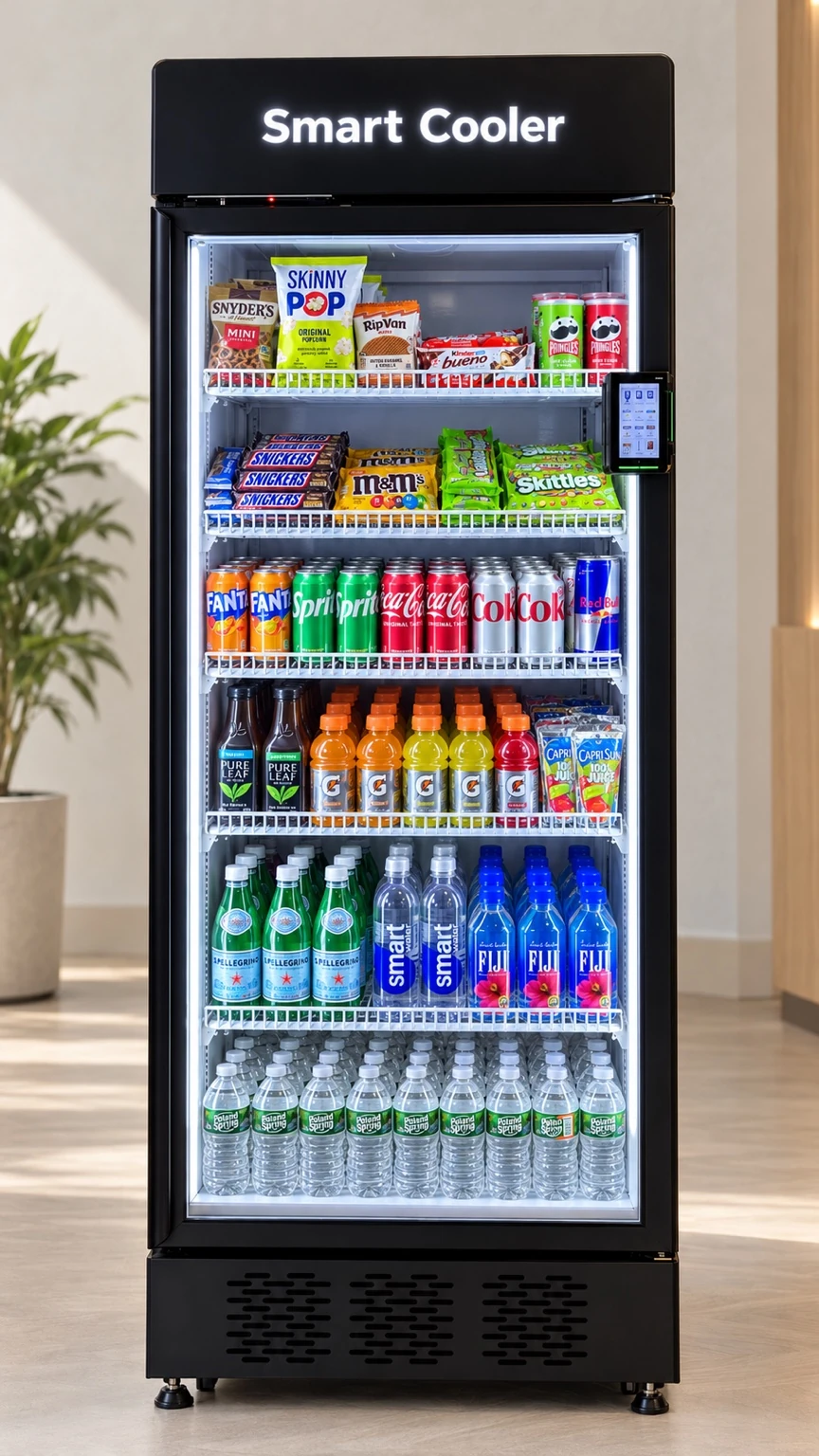 Standalone Daily Break Smart Cooler stocked with cold drinks and snacks