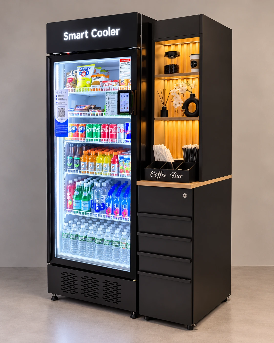 Angled view of a Daily Break Smart Cooler with visible snack and beverage shelves beside an illuminated side station
