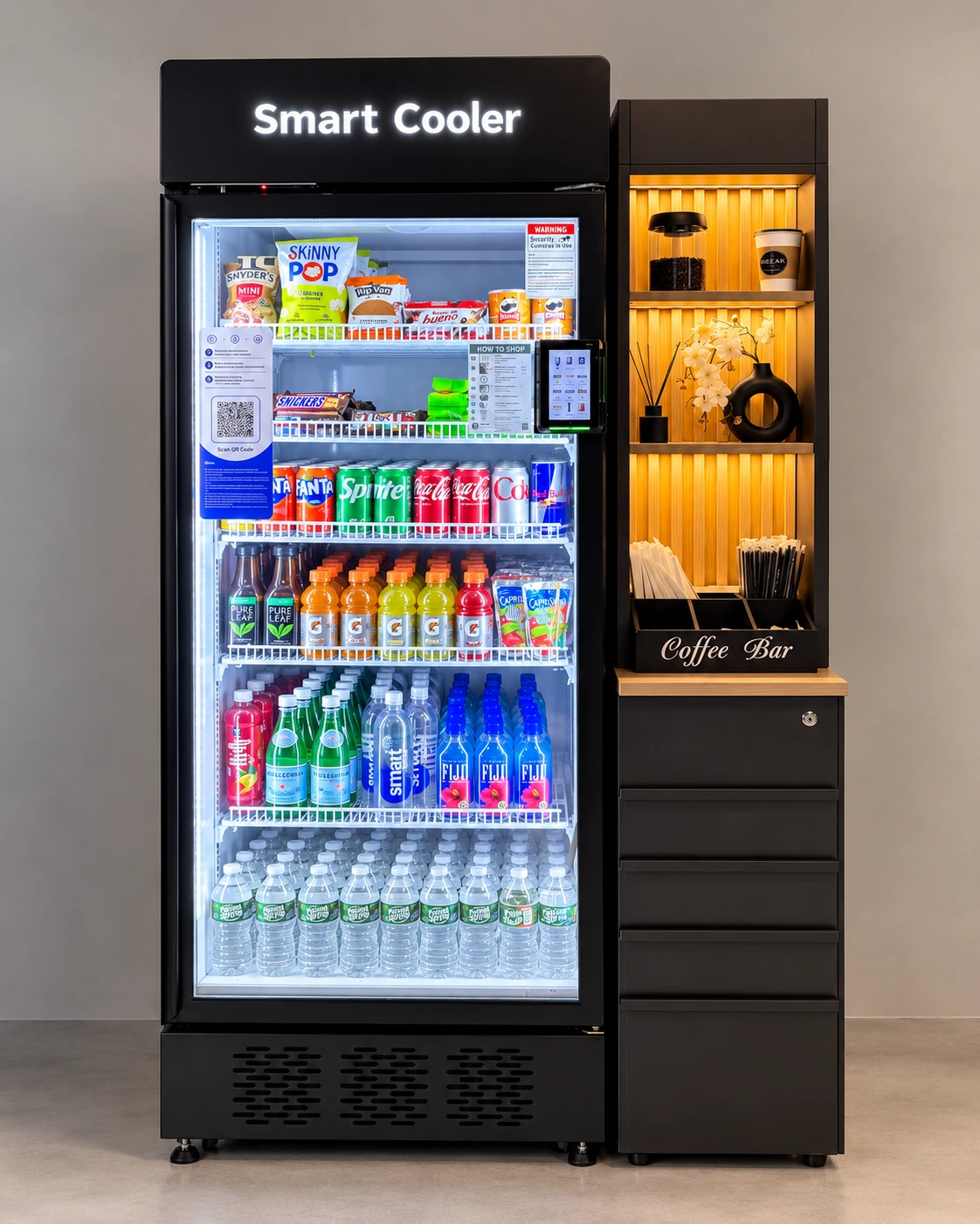 Front view of a stocked Daily Break Smart Cooler with drinks, snacks and coordinating side station